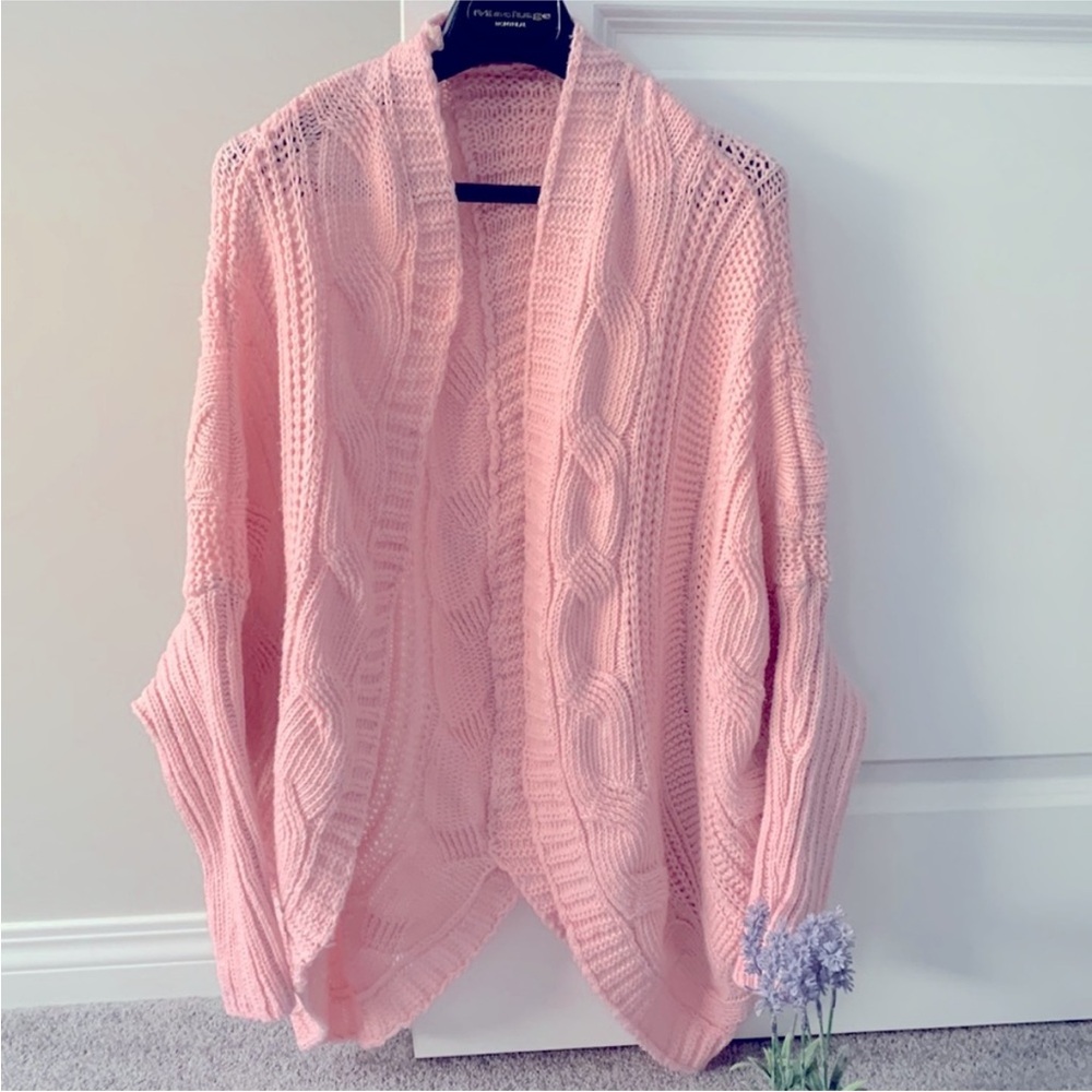 Pink cable knit cardigan, oversize, slouchy, OS